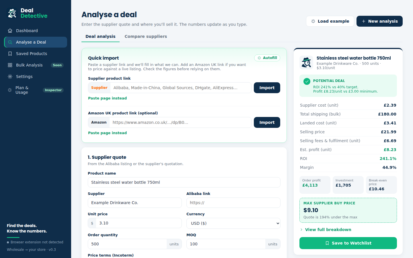 DealDetective analysing a product: landed cost, selling fees, profit, ROI and a Potential Deal verdict